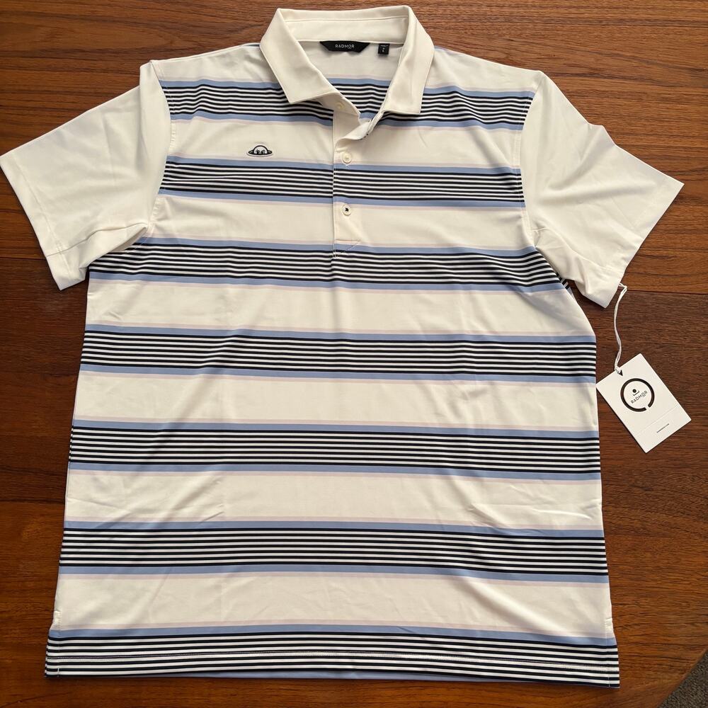 Radmor men’s white stripe golf performance polo short sleeve shirt SZ L NWT
